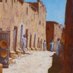 37-Rue commerçante à Ouarzazate, huile sur toile, 27x22, disponible à la vente.
