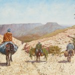 45-Femme et hommes sur ânes et mulets, huile sur toile et technique mixte, 150x50, disponible à la vente.